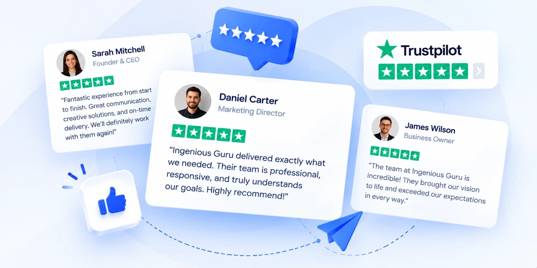 Trustpilot review cards and five-star ratings