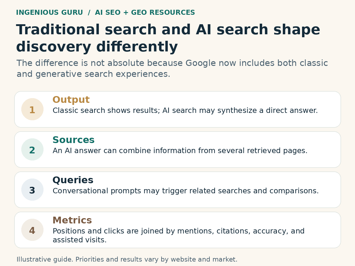 Illustrated framework: traditional search and ai search shape discovery differently.