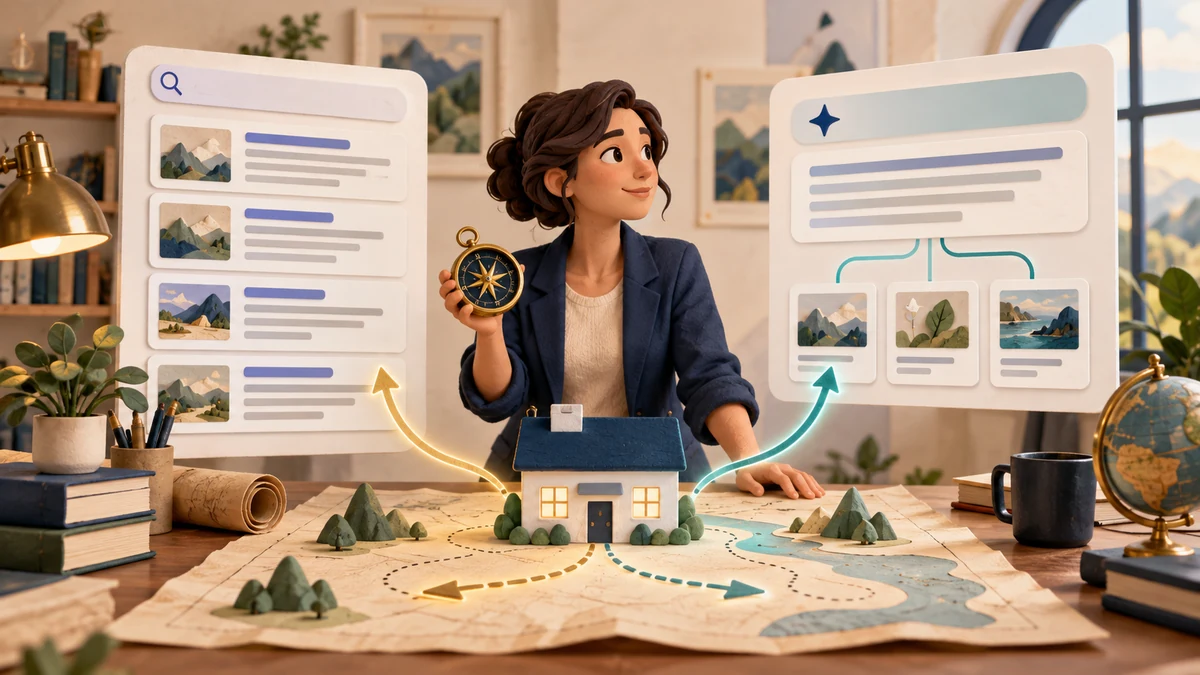 Conceptual illustration comparing traditional search results with an AI answer assembled from several web sources.