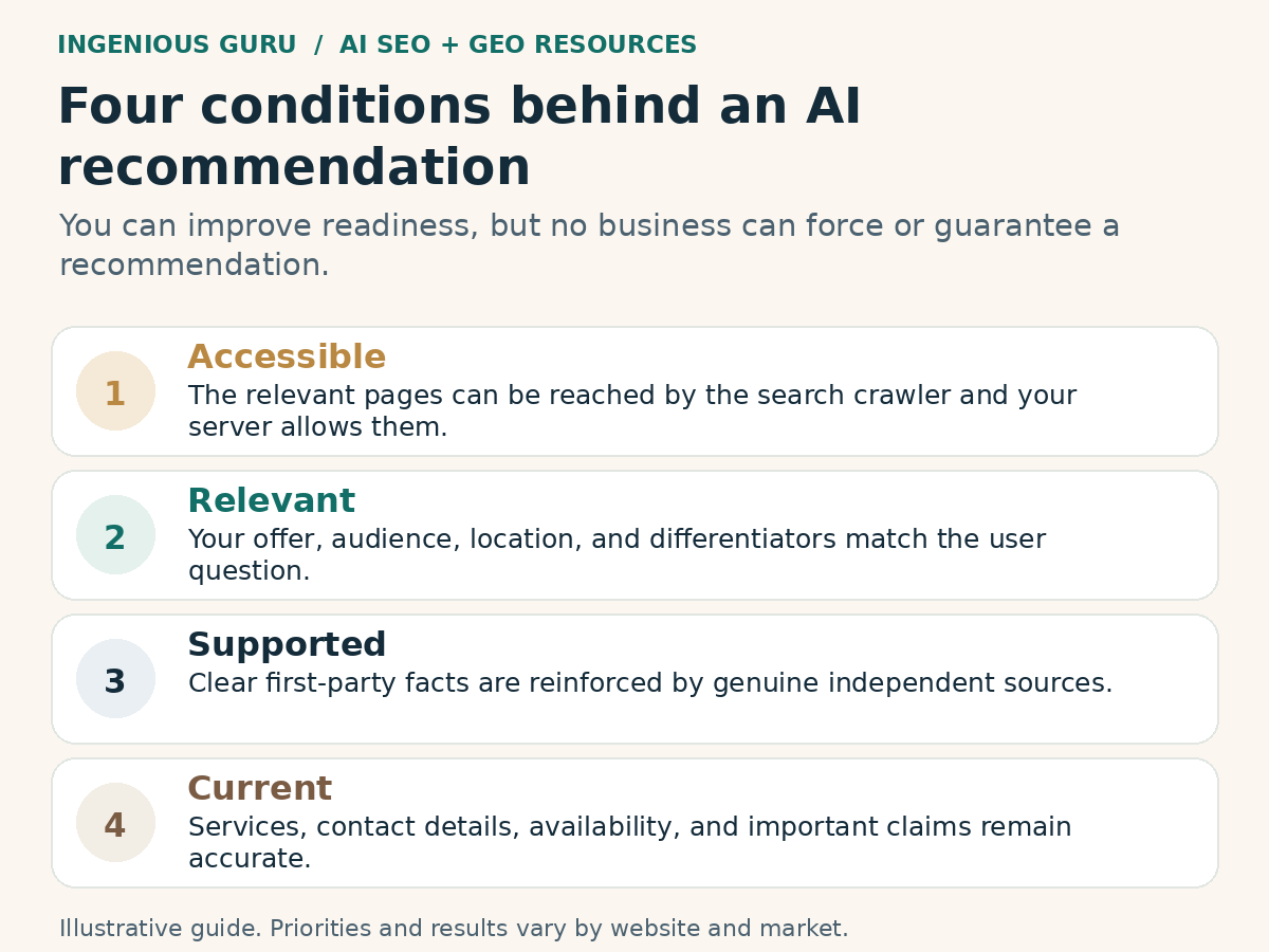 Illustrated framework: four conditions behind an ai recommendation.