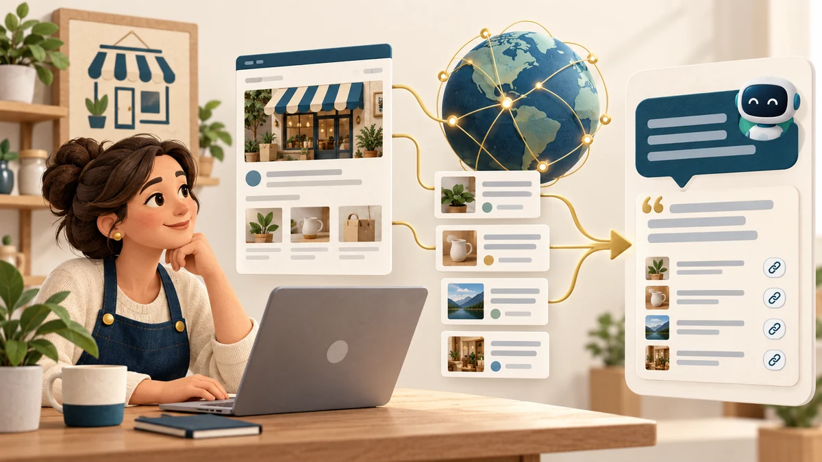 Conceptual illustration of a small business website and multiple web sources contributing to an AI-assisted answer.