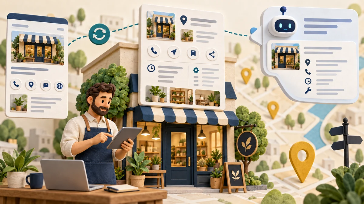 Conceptual illustration of a local storefront connected to accurate business profile details, a map, and an AI answer.
