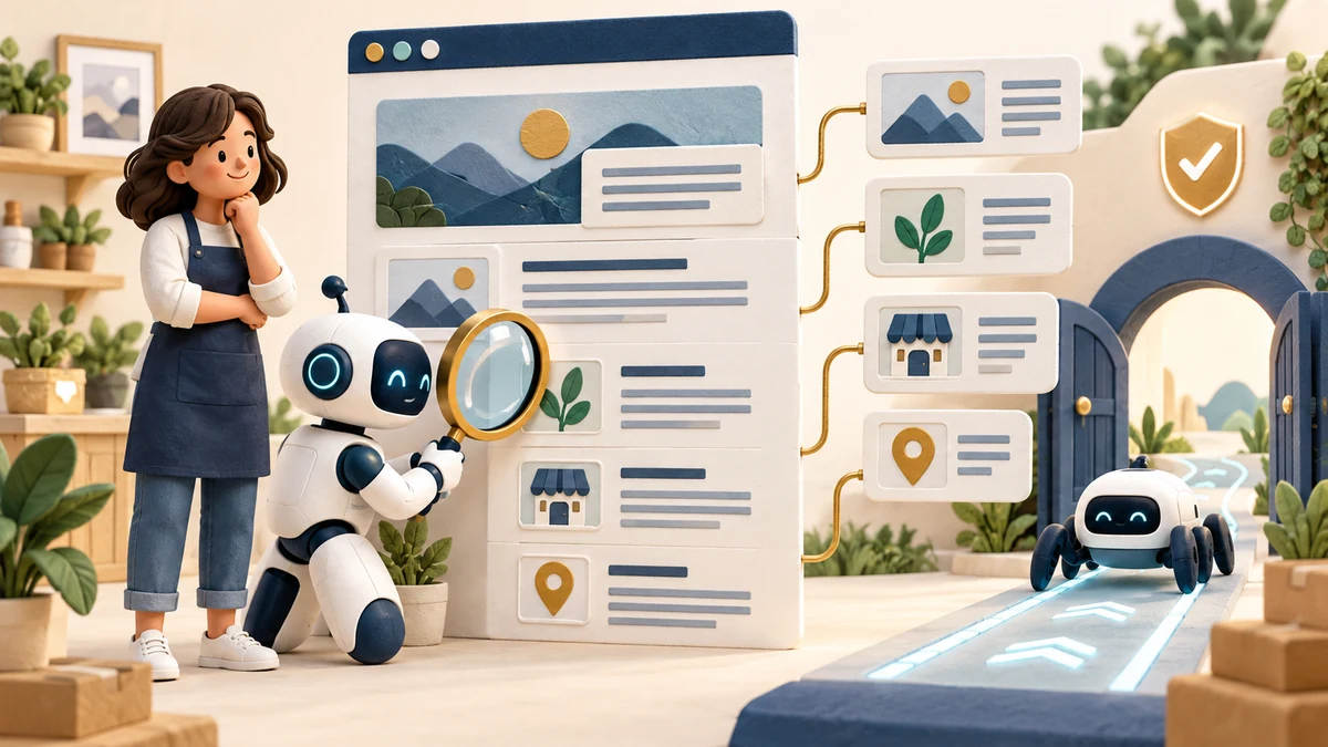 Conceptual illustration of a business owner and inspection robots reviewing the clear structure and accessibility of a website.