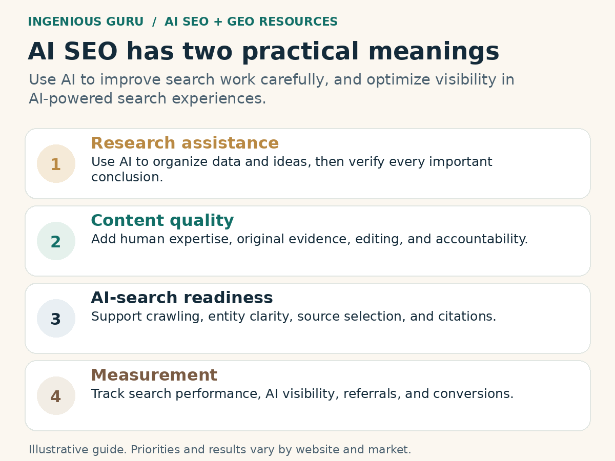 Illustrated framework: ai seo has two practical meanings.