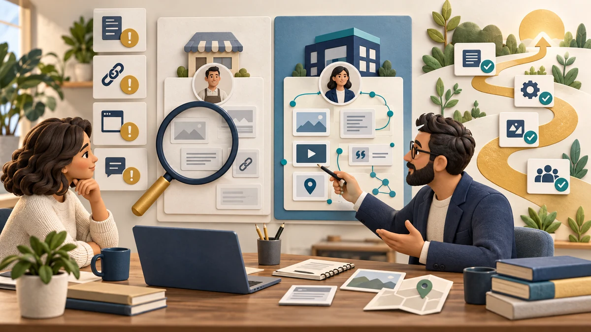 Conceptual illustration of a business owner and strategist comparing source coverage and planning improvements for AI search visibility.