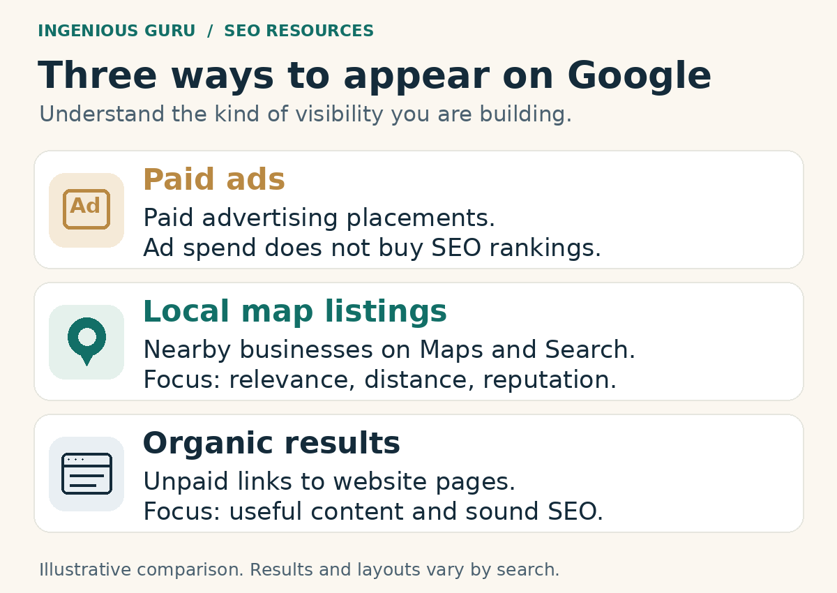Paid ads, local listings, and organic results work differently. This is an illustrative comparison; actual search layouts vary.