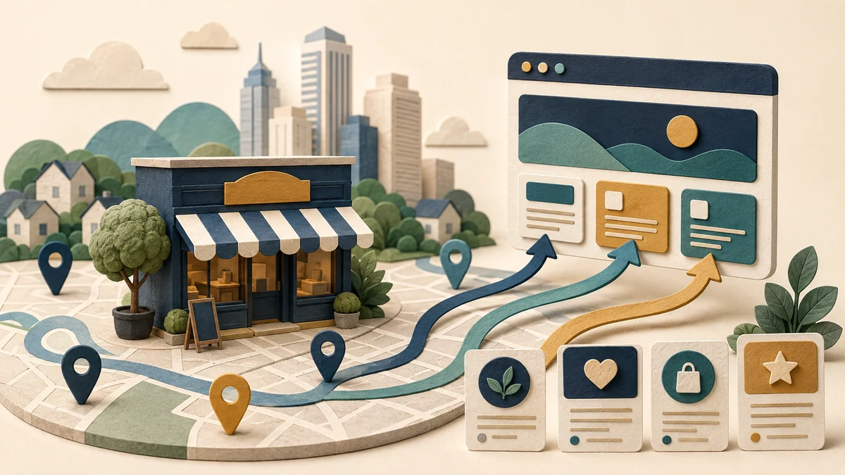 Conceptual illustration of customer pathways moving from a local business toward useful website content.