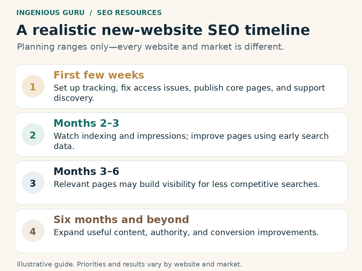 Illustrative SEO timeline from the first few weeks through six months and beyond.