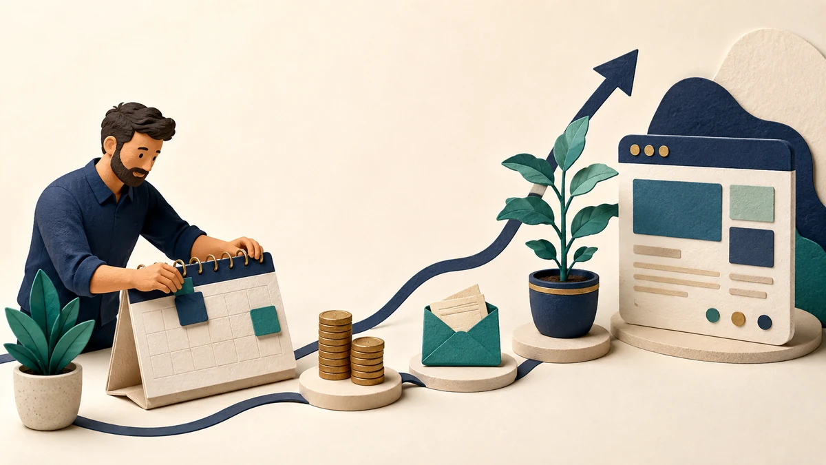 Conceptual illustration of a small business owner planning an SEO budget beside a calendar, coins, plant, and website.