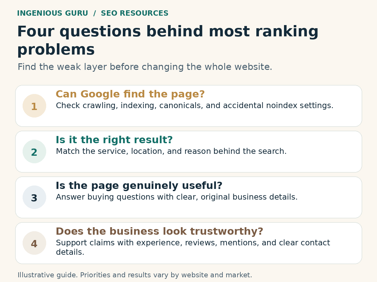 Four-step checklist covering website discovery, search intent, usefulness, and business trust.