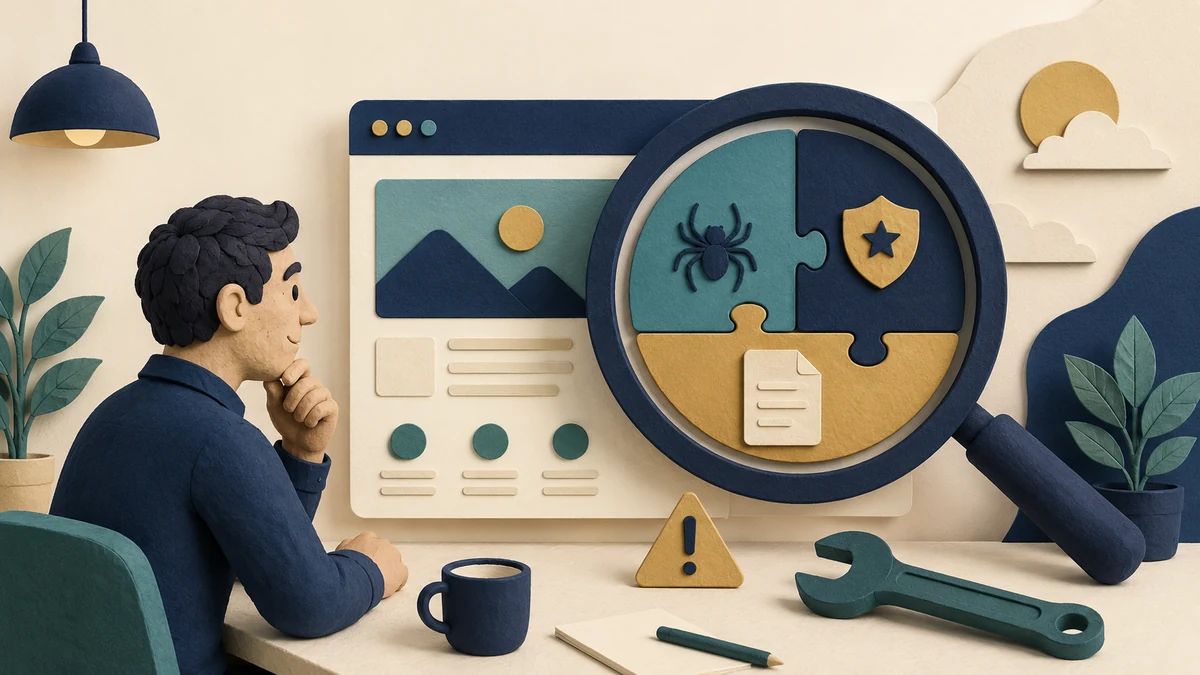 Conceptual illustration of a business owner using a magnifying glass to inspect website crawl, content, and trust issues.