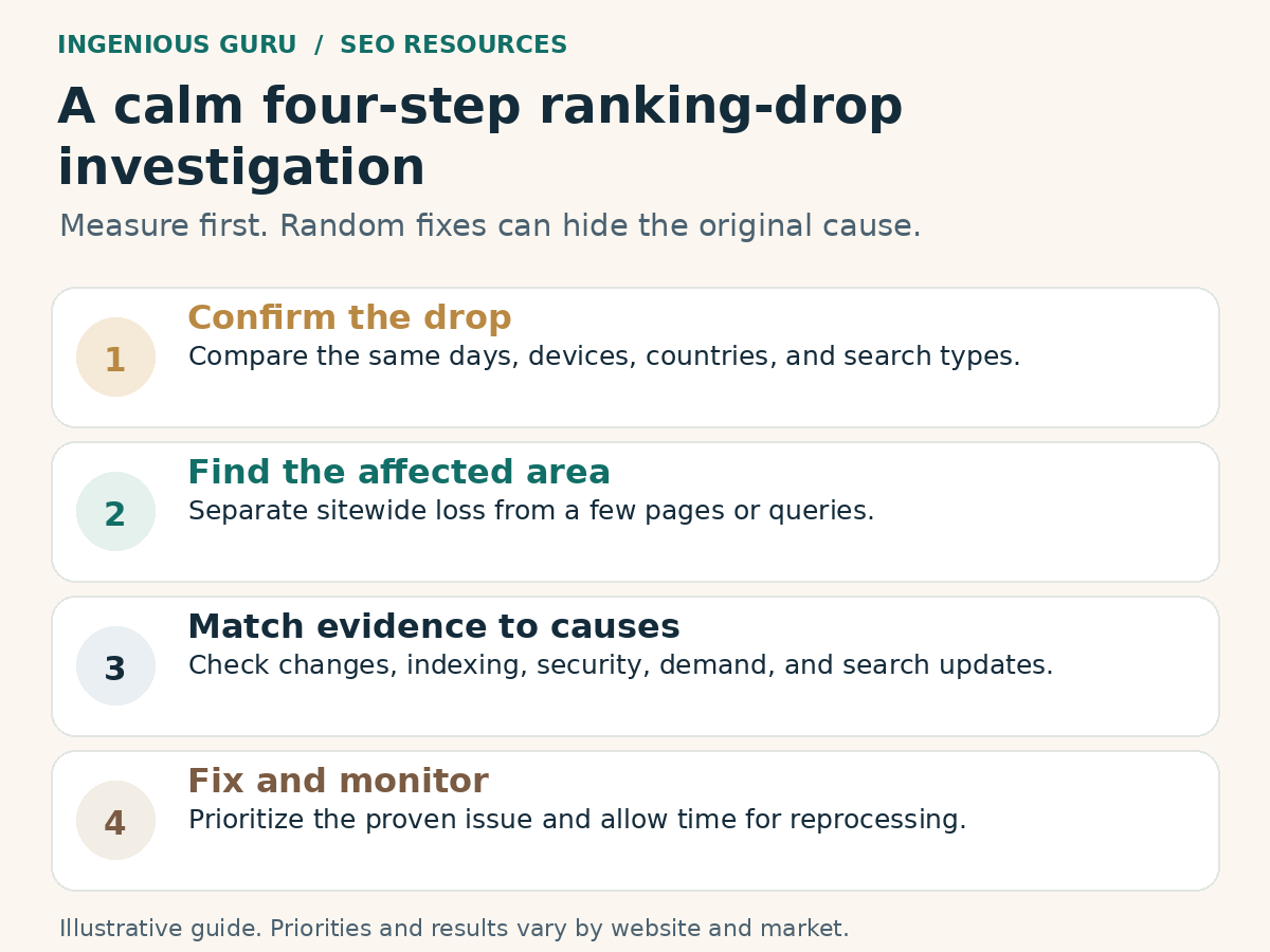 Four-step ranking-drop process: confirm, isolate, diagnose, and monitor.