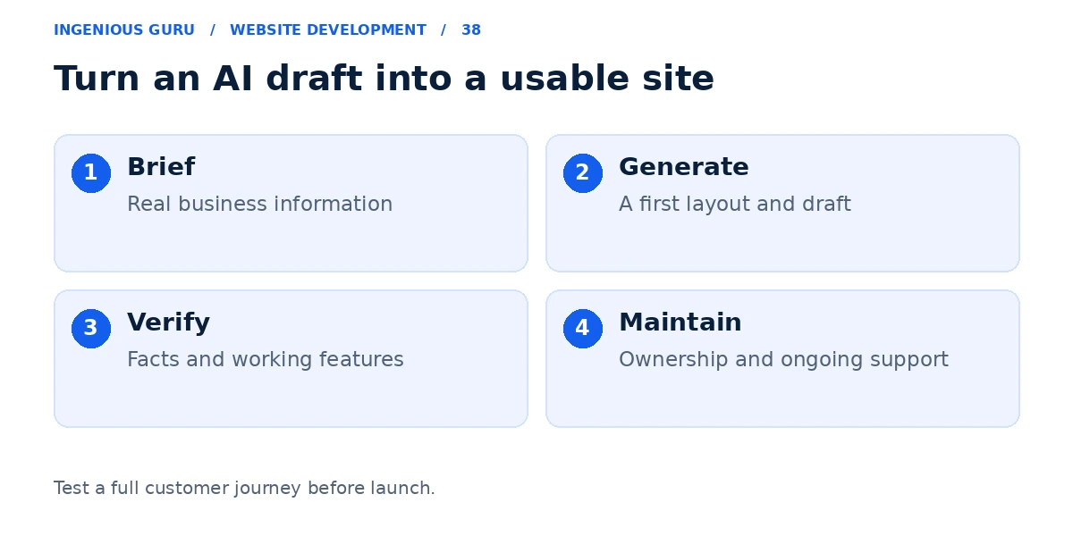 A four-stage AI website process showing brief, generation, verification, and maintenance.