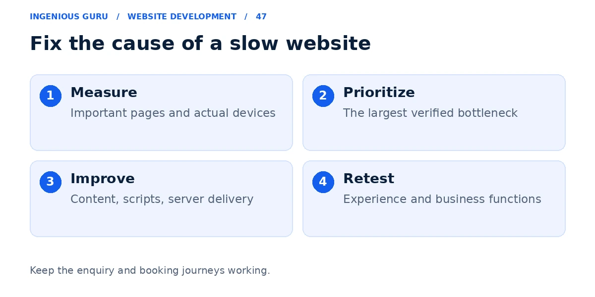 Four steps for website speed work covering measurement, prioritization, improvements, and functional retesting.