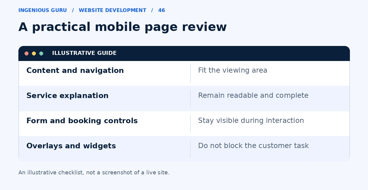 An illustrative mobile page review checking navigation, service information, form controls, and overlays.